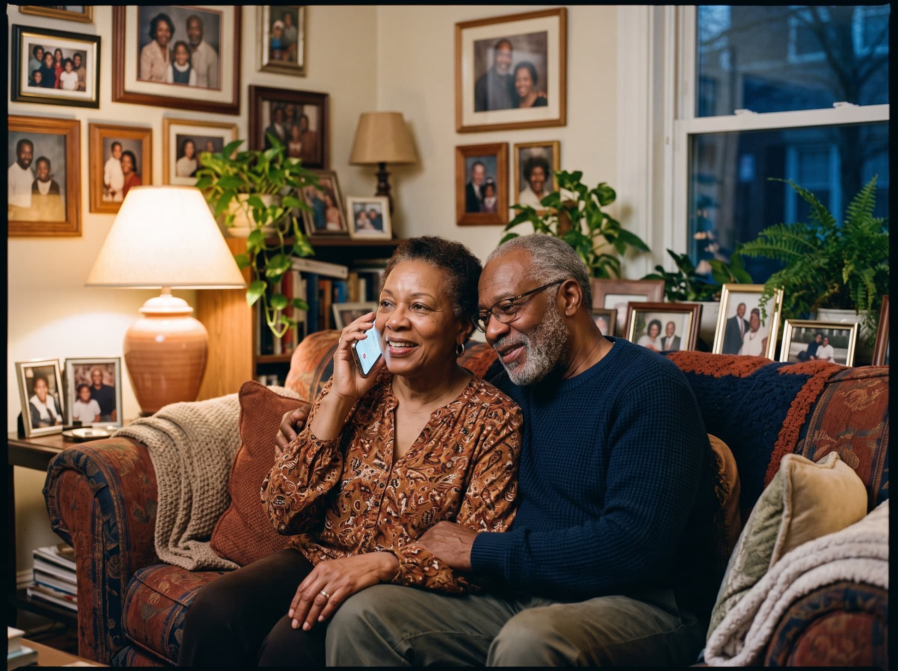 An older couple talking together on the sofa at home
